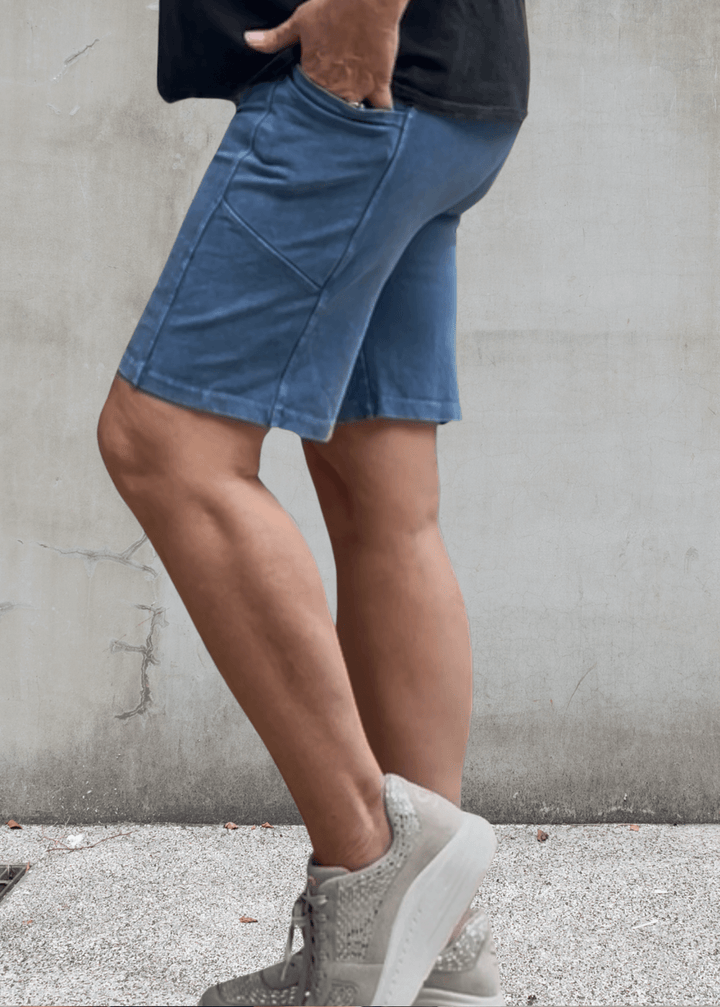 Made in USA Women's Perfect Fit Premium Tummy Control, Fitted  Walking Shorts in Light Denim, Large Side Pockets, Wide Waistband, Long Length | 95% Cotton 5% Spandex | Style C30731 