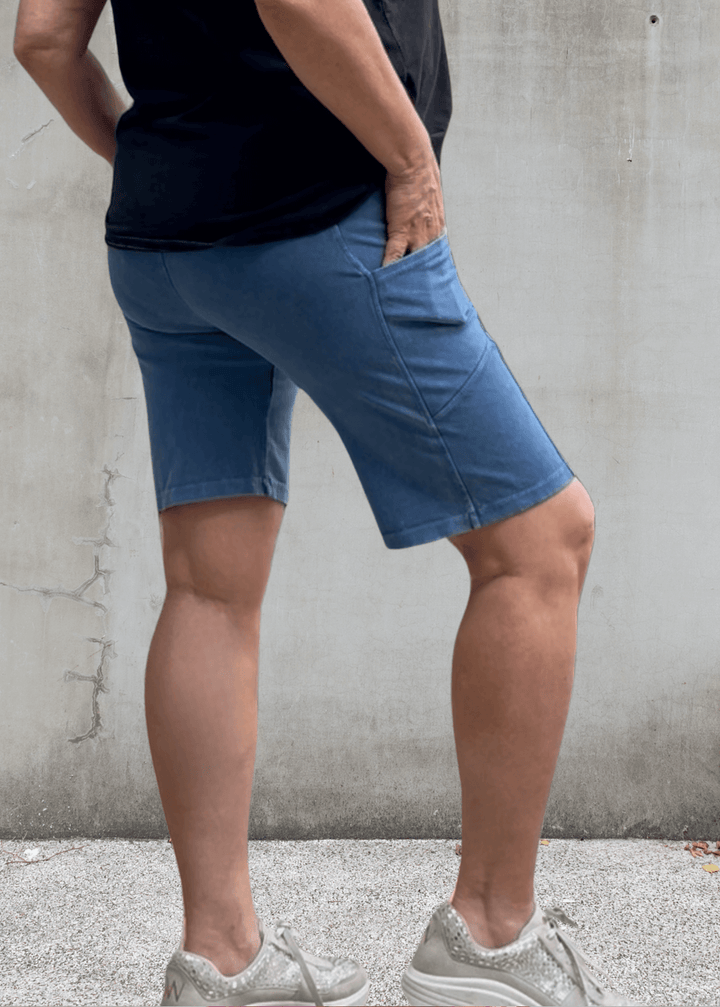 Made in USA Women's Perfect Fit Premium Tummy Control, Fitted  Walking Shorts in Light Denim, Large Side Pockets, Wide Waistband, Long Length | 95% Cotton 5% Spandex | Style C30731 