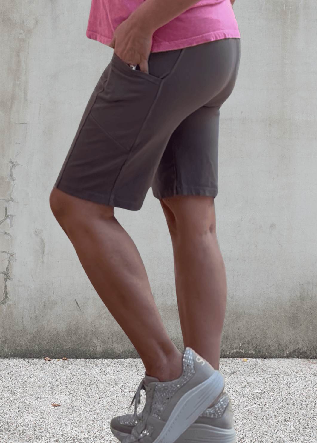 Made in USA Women's Perfect Fit Premium Tummy Control, Fitted  Walking Shorts in Taupe, Large Side Pockets, Wide Waistband, Long Length | 95% Cotton 5% Spandex | Style C30731 