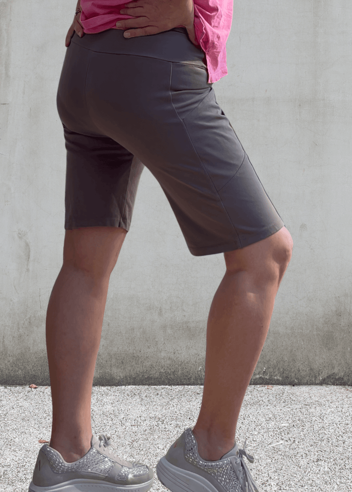 Made in USA Women's Perfect Fit Premium Tummy Control, Fitted  Walking Shorts in Taupe, Large Side Pockets, Wide Waistband, Long Length | 95% Cotton 5% Spandex | Style C30731 