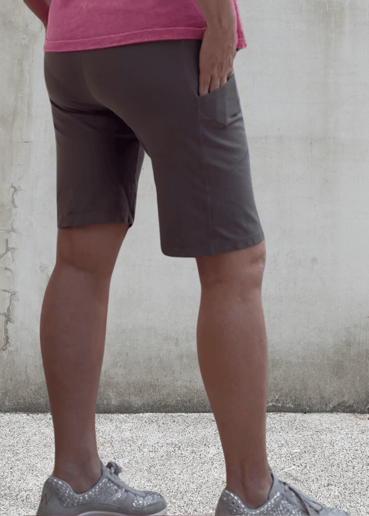 Made in USA Women's Perfect Fit Premium Tummy Control, Fitted  Walking Shorts in Taupe, Large Side Pockets, Wide Waistband, Long Length | 95% Cotton 5% Spandex | Style C30731 