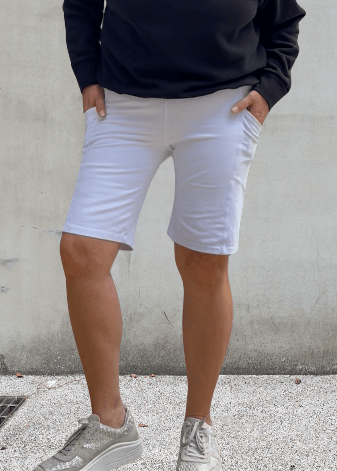 Made in USA Women's Perfect Fit Premium Tummy Control, Fitted  Walking Shorts in White, Large Side Pockets, Wide Waistband, Long Length | 95% Cotton 5% Spandex | Style C30731 