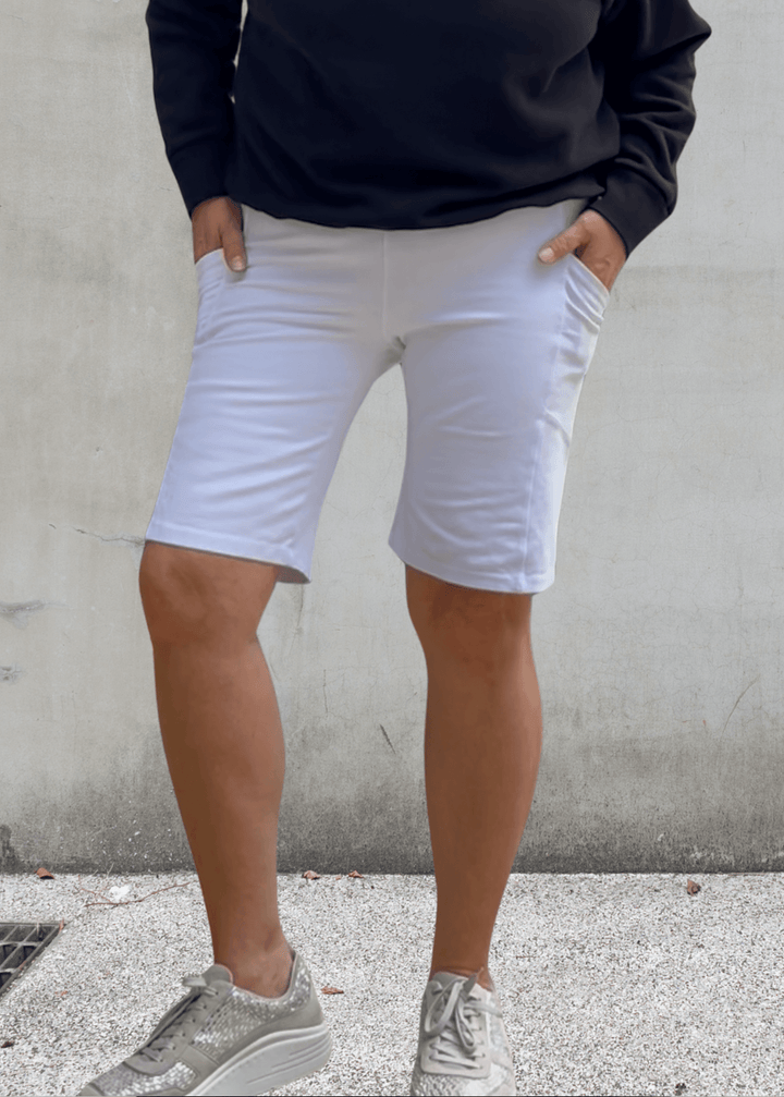 Made in USA Women's Perfect Fit Premium Tummy Control, Fitted  Walking Shorts in White, Large Side Pockets, Wide Waistband, Long Length | 95% Cotton 5% Spandex | Style C30731 
