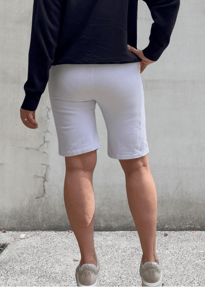 Made in USA Women's Perfect Fit Premium Tummy Control, Fitted  Walking Shorts in White, Large Side Pockets, Wide Waistband, Long Length | 95% Cotton 5% Spandex | Style C30731 