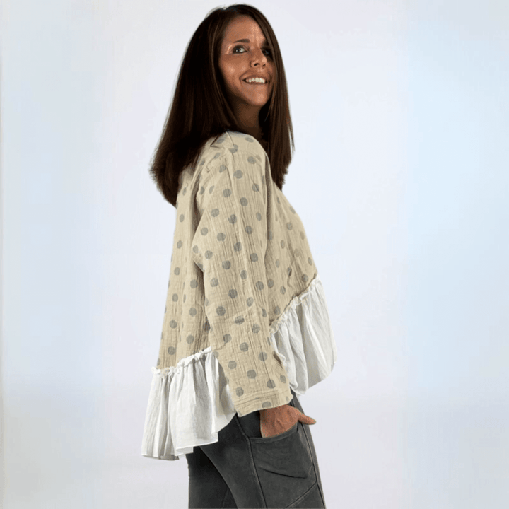 Made in USA Jaded Gypsy Looking Back Top, Women's Polka Dot Flounce Ruffle Oversized Flowy Fit Tow in High/Low Design, Taupe and White,  Long Sleeves, 100% Cotton