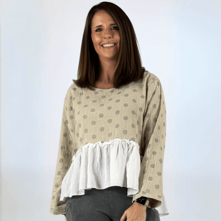 Made in USA Jaded Gypsy Looking Back Top, Women's Polka Dot Flounce Ruffle Oversized Flowy Fit Tow in High/Low Design, Taupe and White,  Long Sleeves, 100% Cotton