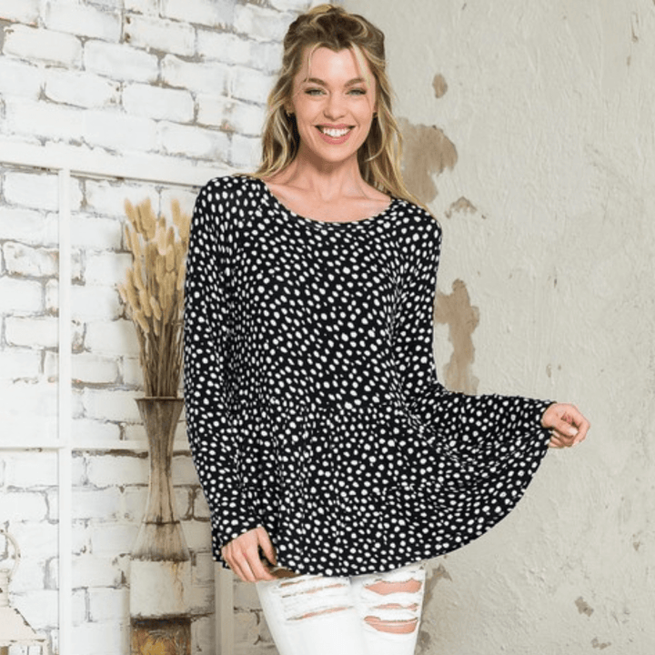 Made in USA Women's Tiered ruffle tunic top - Round neck and long sleeves - Loose fit - Dot print jersey top | Classy Cozy Cool Made in America Boutique