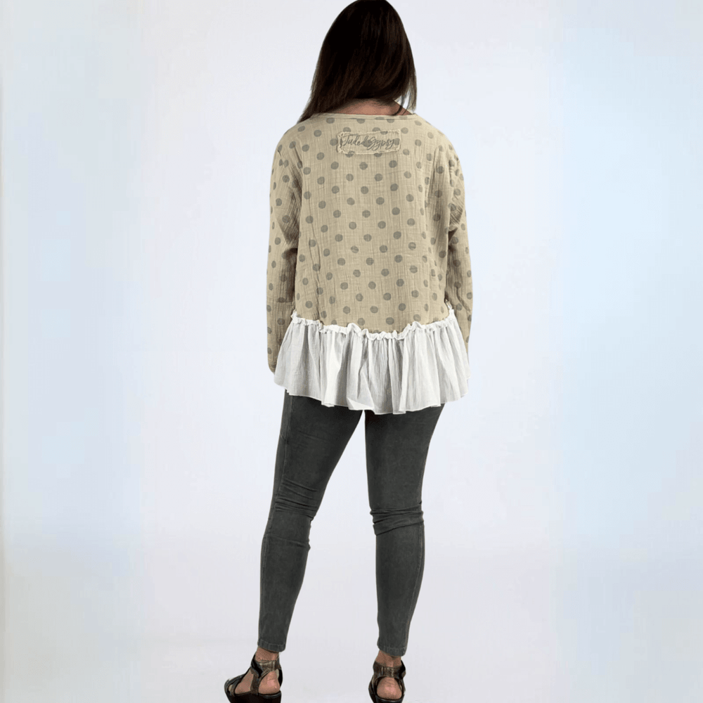 Made in USA Jaded Gypsy Looking Back Top, Women's Polka Dot Flounce Ruffle Oversized Flowy Fit Tow in High/Low Design, Taupe and White,  Long Sleeves, 100% Cotton