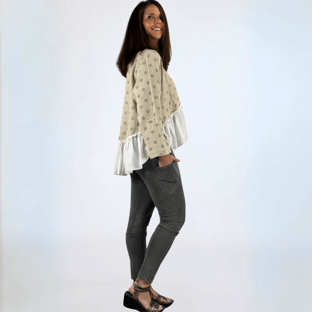 Made in USA Jaded Gypsy Looking Back Top, Women's Polka Dot Flounce Ruffle Oversized Flowy Fit Tow in High/Low Design, Taupe and White,  Long Sleeves, 100% Cotton