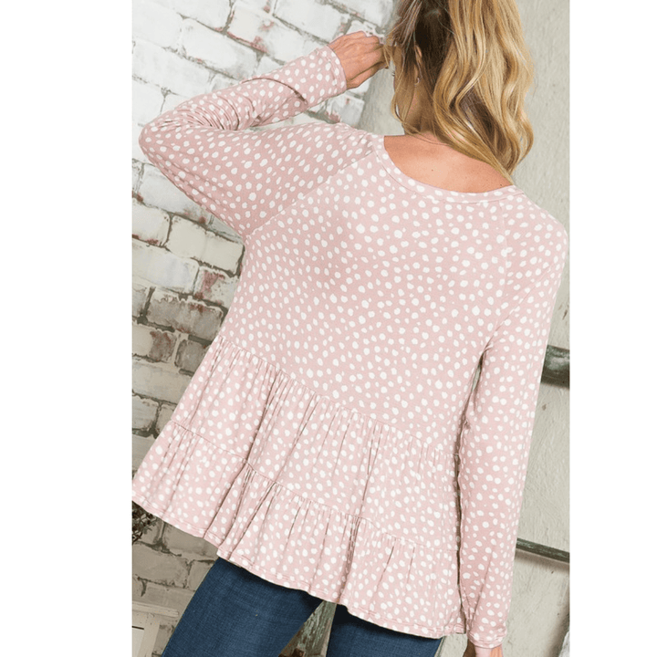 Made in USA Women's Tiered ruffle tunic top - Round neck and long sleeves - Loose fit - Dot print jersey top | Classy Cozy Cool Made in America Boutique