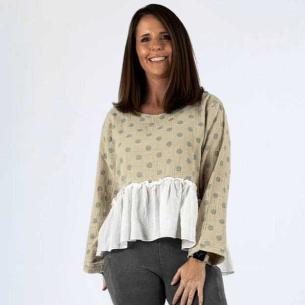 Made in USA Jaded Gypsy Looking Back Top, Women's Polka Dot Flounce Ruffle Oversized Flowy Fit Tow in High/Low Design, Taupe and White,  Long Sleeves, 100% Cotton