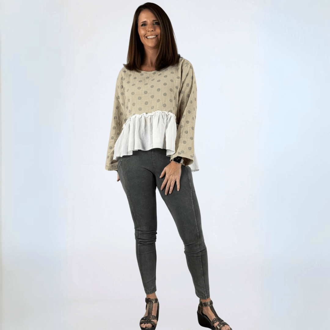 Made in USA Jaded Gypsy Looking Back Top, Women's Polka Dot Flounce Ruffle Oversized Flowy Fit Tow in High/Low Design, Taupe and White,  Long Sleeves, 100% Cotton