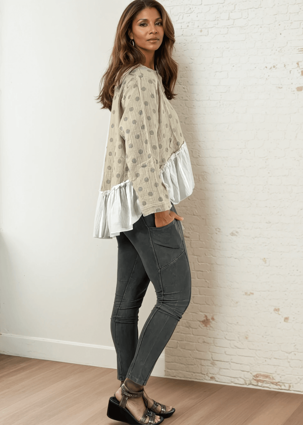 Made in USA Jaded Gypsy Looking Back Top, Women's Polka Dot Flounce Ruffle Oversized Flowy Fit Tow in High/Low Design, Taupe and White,  Long Sleeves, 100% Cotton