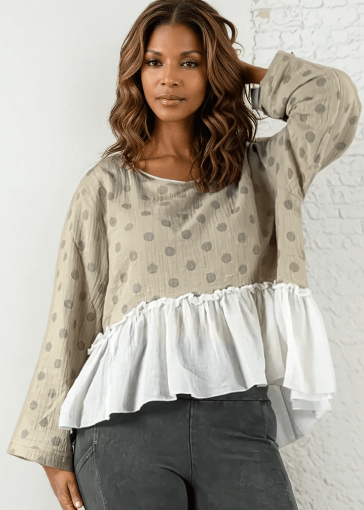 Made in USA Jaded Gypsy Looking Back Top, Women's Polka Dot Flounce Ruffle Oversized Flowy Fit Tow in High/Low Design, Taupe and White,  Long Sleeves, 100% Cotton