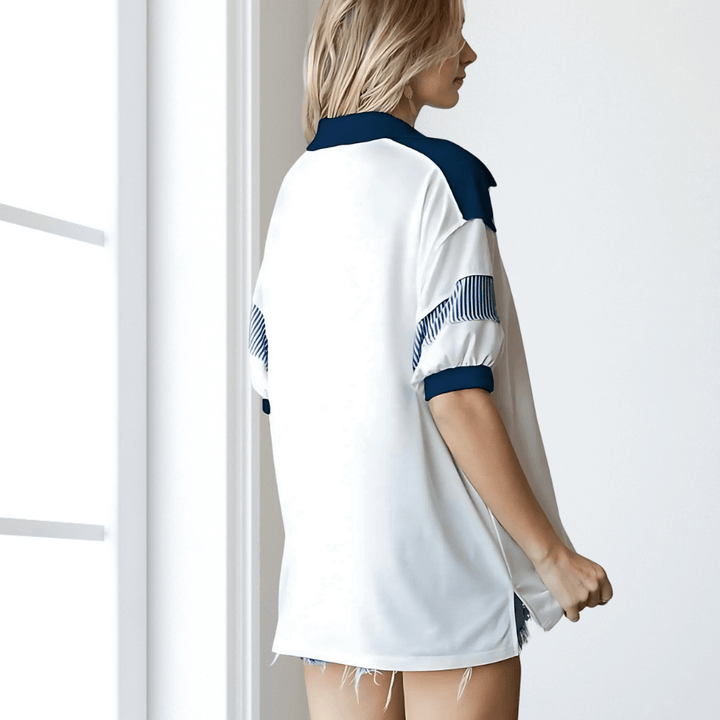 Made in USA Women's White & Navy Collared Oversized Short Sleeve Shirt, V- Neck, Navy Solid and Striped Detail on Collar and Sleeves, Exposed Stitching Detail 