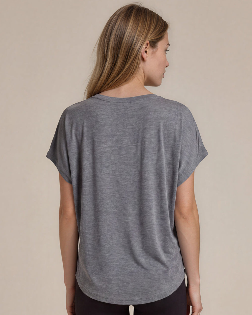 Women's viscose bamboo & organic cotton poncho tee in Heather Grey. Super soft, breathable, cooling, dolman fit. Sustainably made in USA. Sizes XS–XL.