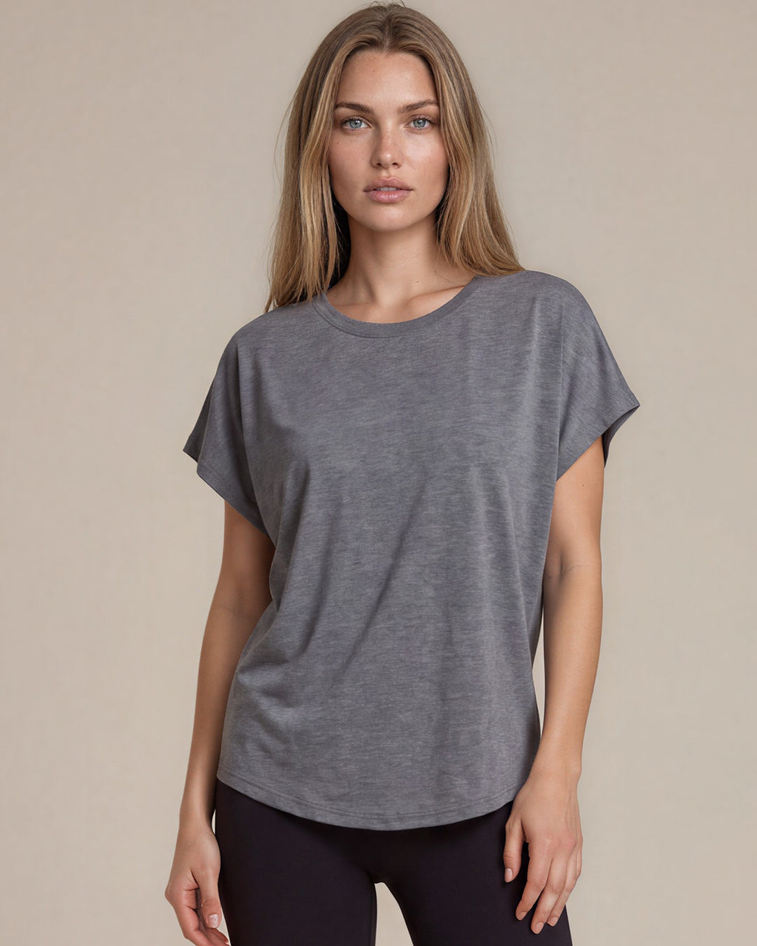 Women's viscose bamboo & organic cotton poncho tee in Heather Grey. Super soft, breathable, cooling, dolman fit. Sustainably made in USA. Sizes XS–XL.
