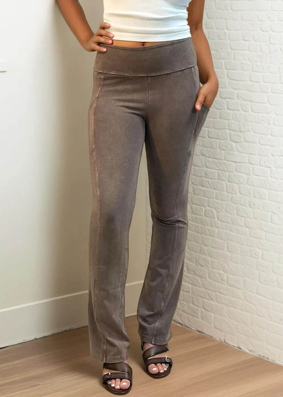 Made in USA Women's Perfect Fit Tummy Control High Rise Wide Waistband Cotton Spandex Mineral Washed Bootcut Leggings with Large Side Pockets in Taupe Denim | Classy Cozy Cool Made in America Boutiqu