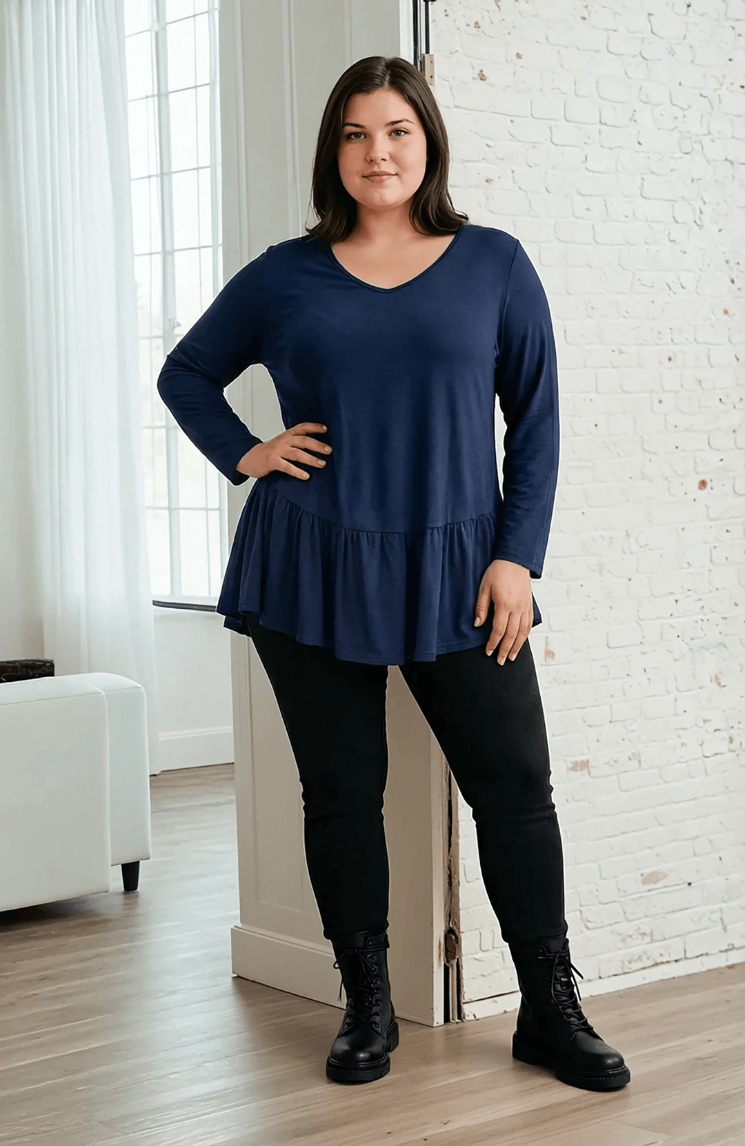 Made in USA Women's Red Flare Sleeve Tunic with Flounce Ruffle Hem, V-Neck, Lightweight and Flowy, Super Soft, 95% Rayon, 5% Spandex Machine Wash, Tumble Dry Low Style C11316 | Classy Cozy Cool Made in USA Boutique