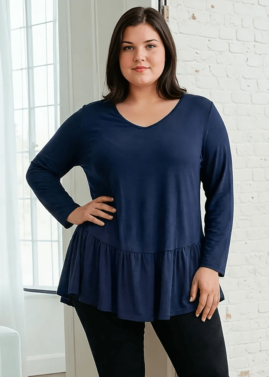 Made in USA Women's Red Flare Sleeve Tunic with Flounce Ruffle Hem, V-Neck, Lightweight and Flowy, Super Soft, 95% Rayon, 5% Spandex Machine Wash, Tumble Dry Low Style C11316 | Classy Cozy Cool Made in USA Boutique