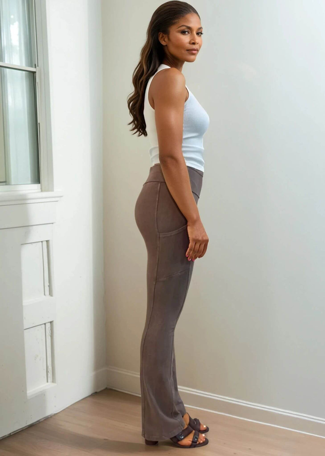 Made in USA Women's Perfect Fit Tummy Control High Rise Wide Waistband Cotton Spandex Mineral Washed Bootcut Leggings with Large Side Pockets in Taupe Denim | Classy Cozy Cool Made in America Boutiqu