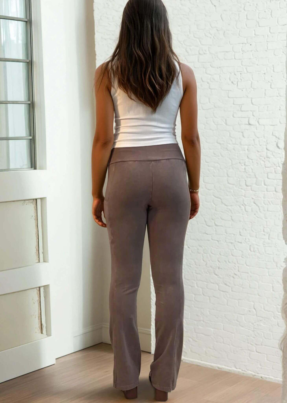 Made in USA Women's Perfect Fit Tummy Control High Rise Wide Waistband Cotton Spandex Mineral Washed Bootcut Leggings with Large Side Pockets in Taupe Denim | Classy Cozy Cool Made in America Boutique