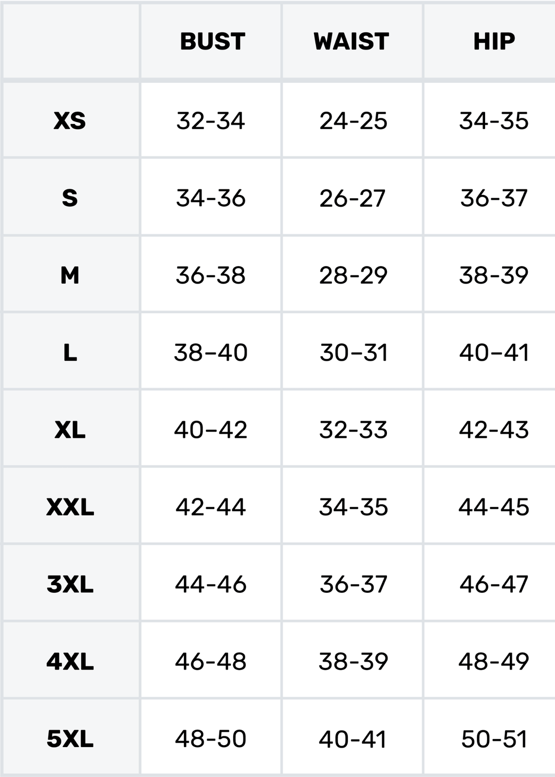 People of Leisure Size Chart