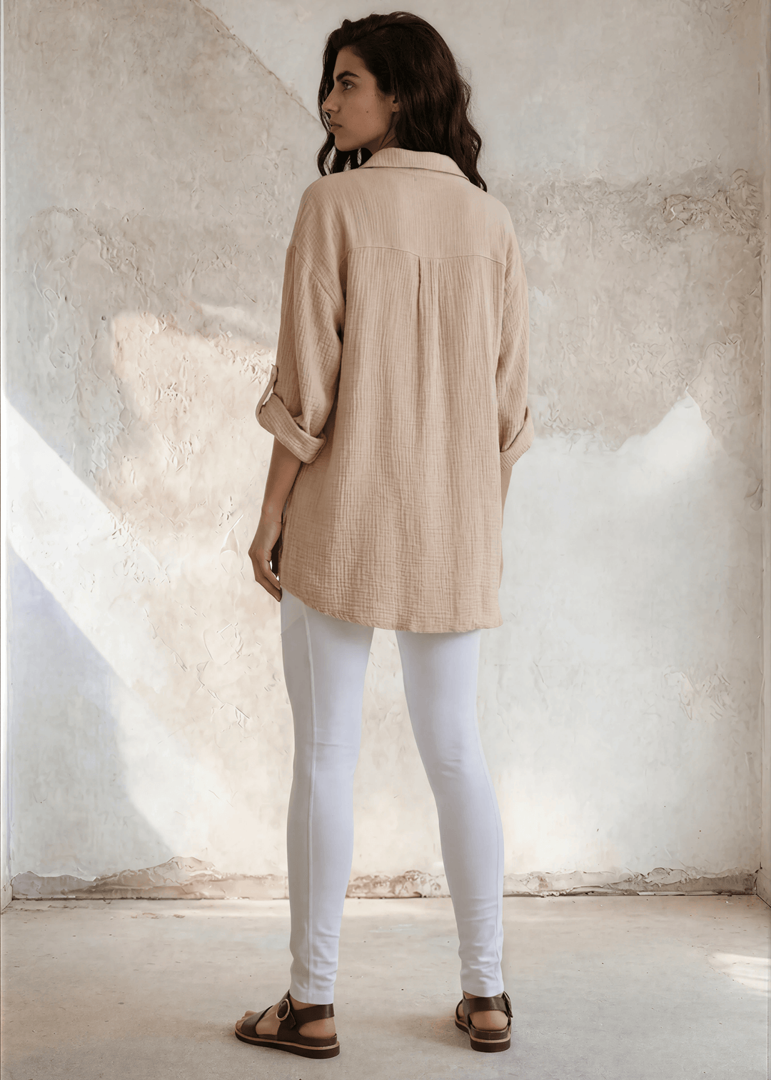 Rachel Slouchy Cotton Gauze Button Down Top (Oatmeal)