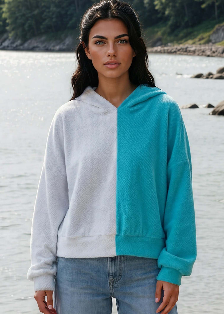 Cozy up in the Gina French Terry Hoodie, where aqua meets light gray in a playful color block design. Its relaxed fit and medium-weight fabric offer just the right amount of warmth, perfect for lounging or layering on cooler days. Bucket List Style
