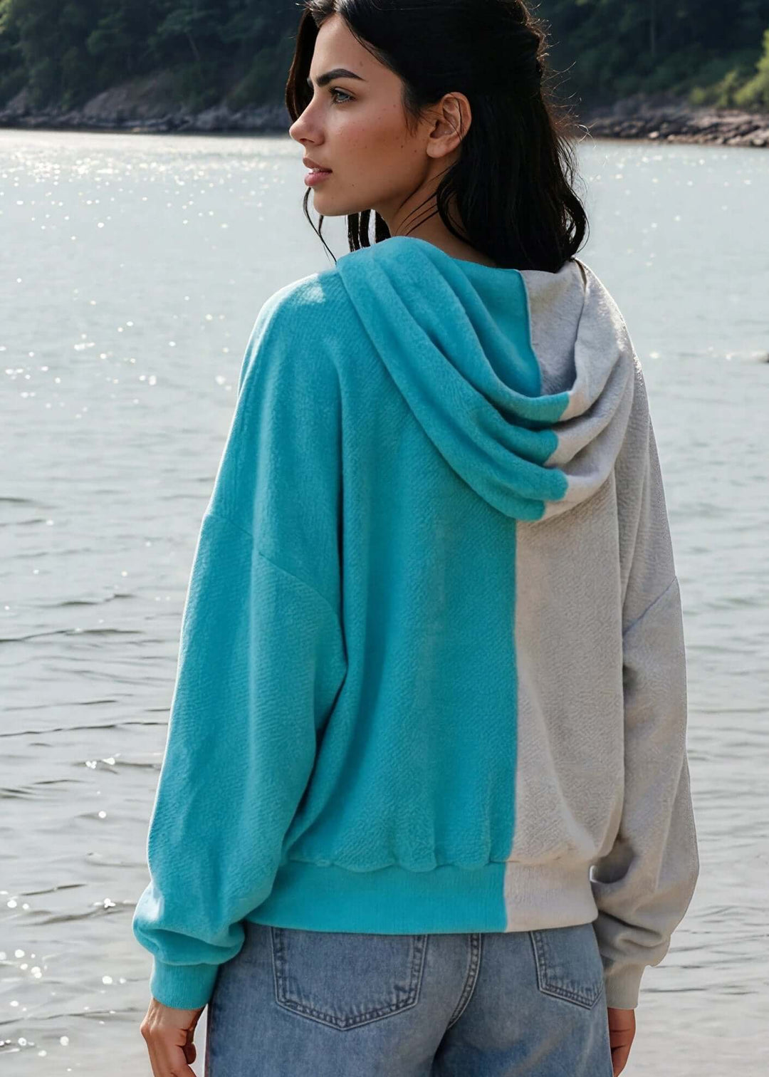 Cozy up in the Gina French Terry Hoodie, where aqua meets light gray in a playful color block design. Its relaxed fit and medium-weight fabric offer just the right amount of warmth, perfect for lounging or layering on cooler days. Bucket List Style