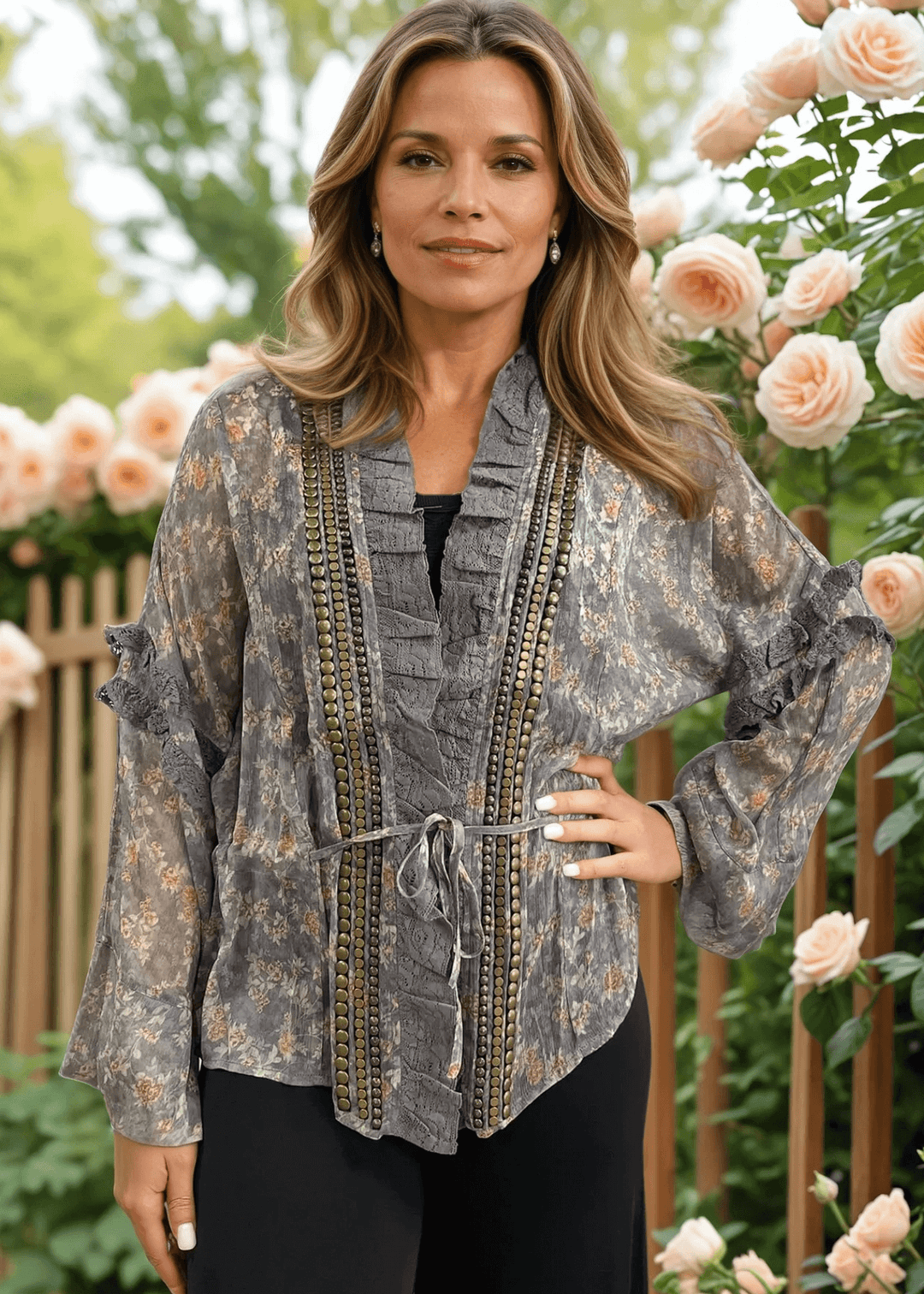 Jaded Gypsy Ladies Chiffon Floral Studded Detail Garden Romance Cardigan | Made In USA | Classy Cozy USA Made in America Boutique