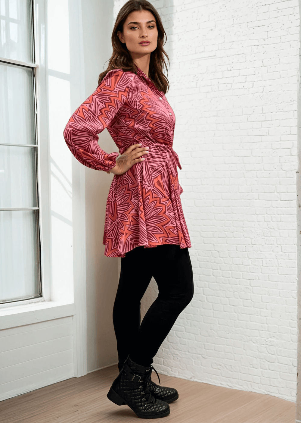 Made in USA Women's Button Down Mini Shirt Dress or Tunic with Tie Waist, Collared, Relaxed Fit, Long Sleeves, Elastic Cuffs, in a Unique Pink and Red Pattern | Classy Cozy Cool Made in America Boutique