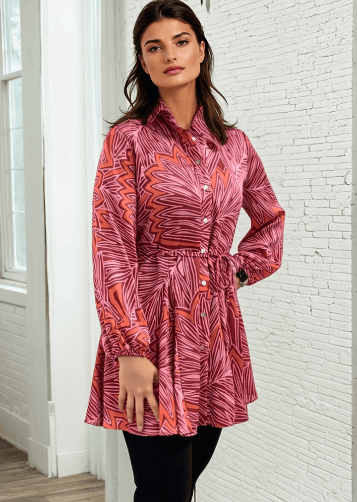 Made in USA Women's Button Down Mini Shirt Dress or Tunic with Tie Waist, Collared, Relaxed Fit, Long Sleeves, Elastic Cuffs, in a Unique Pink and Red Pattern | Classy Cozy Cool Made in America Boutique