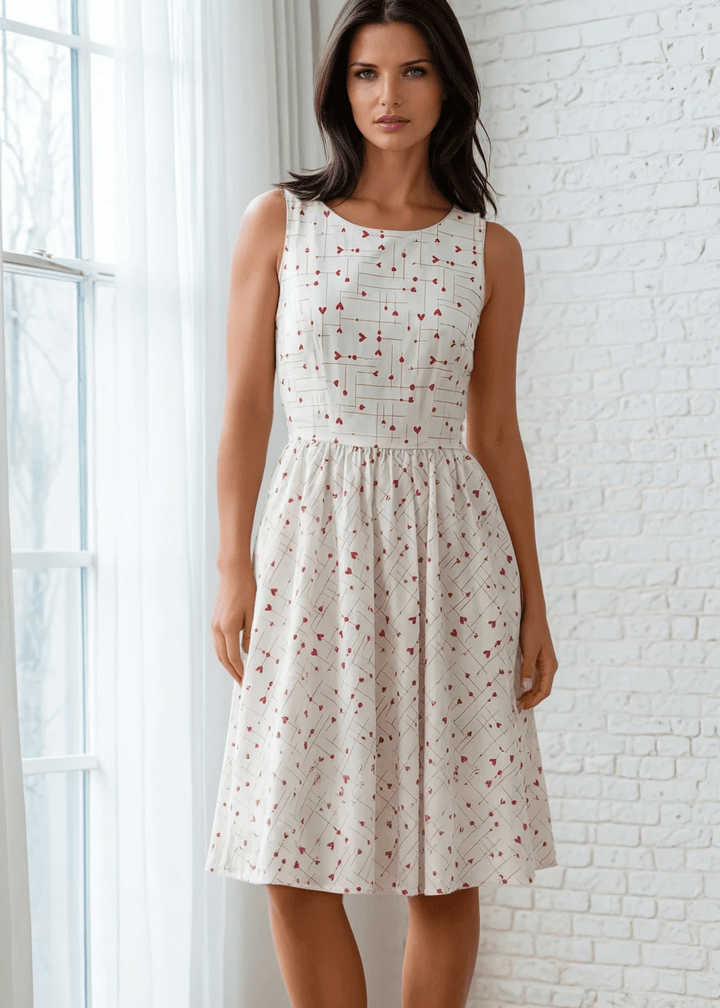 Made in USA, A women's vintage style piece with fun, modern details; our midi dress is now available in our Hearts print. Made from 100% cotton