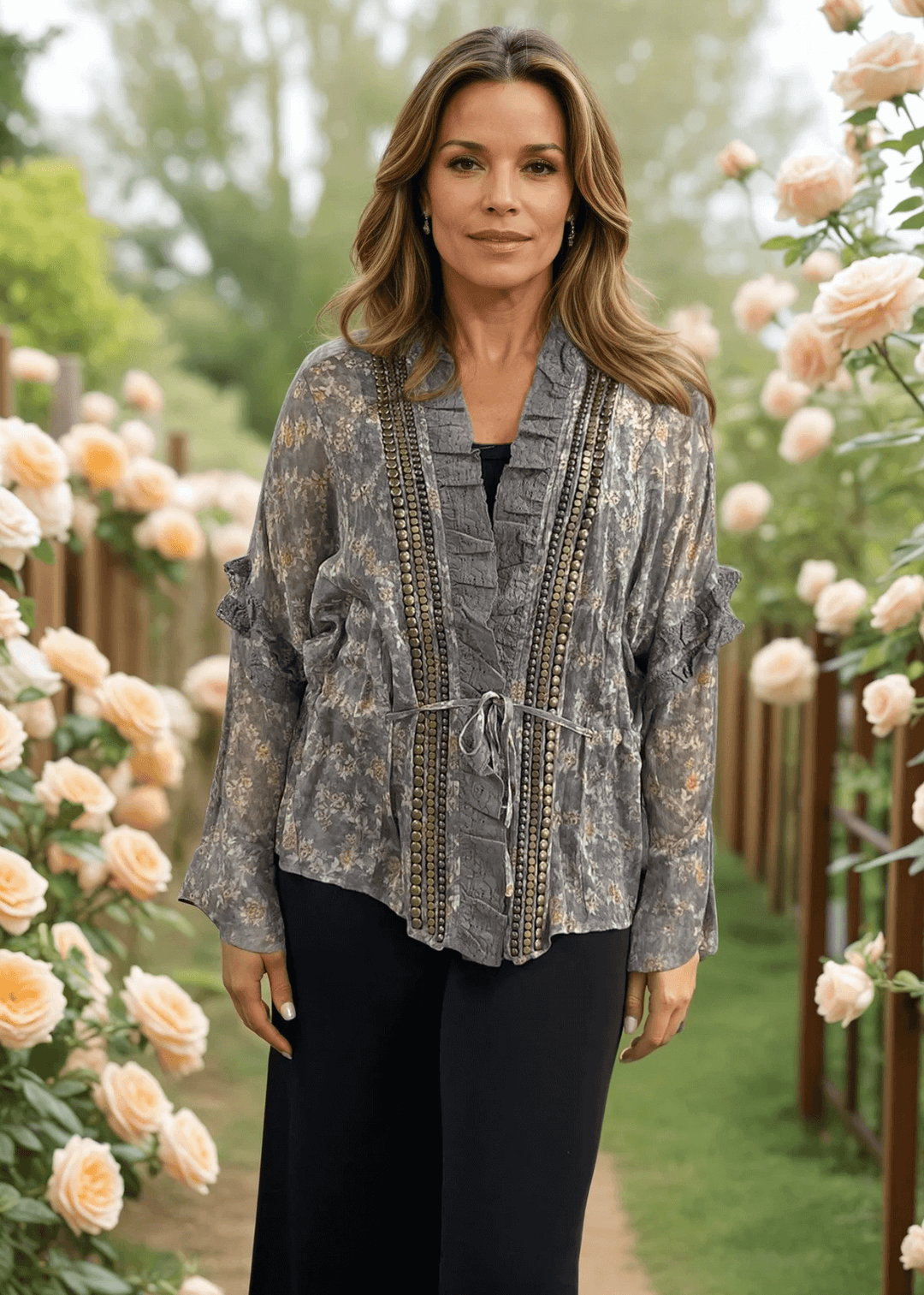 Jaded Gypsy Ladies Chiffon Floral Studded Detail Garden Romance Cardigan | Made In USA | Classy Cozy USA Made in America Boutique