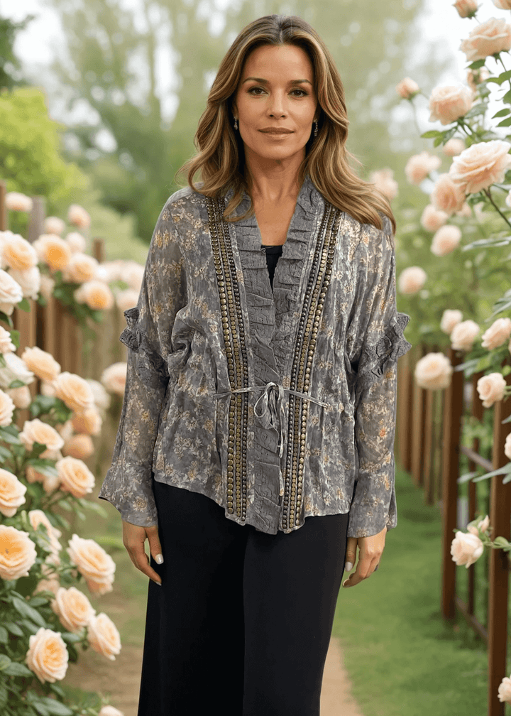 Jaded Gypsy Ladies Chiffon Floral Studded Detail Garden Romance Cardigan | Made In USA | Classy Cozy USA Made in America Boutique