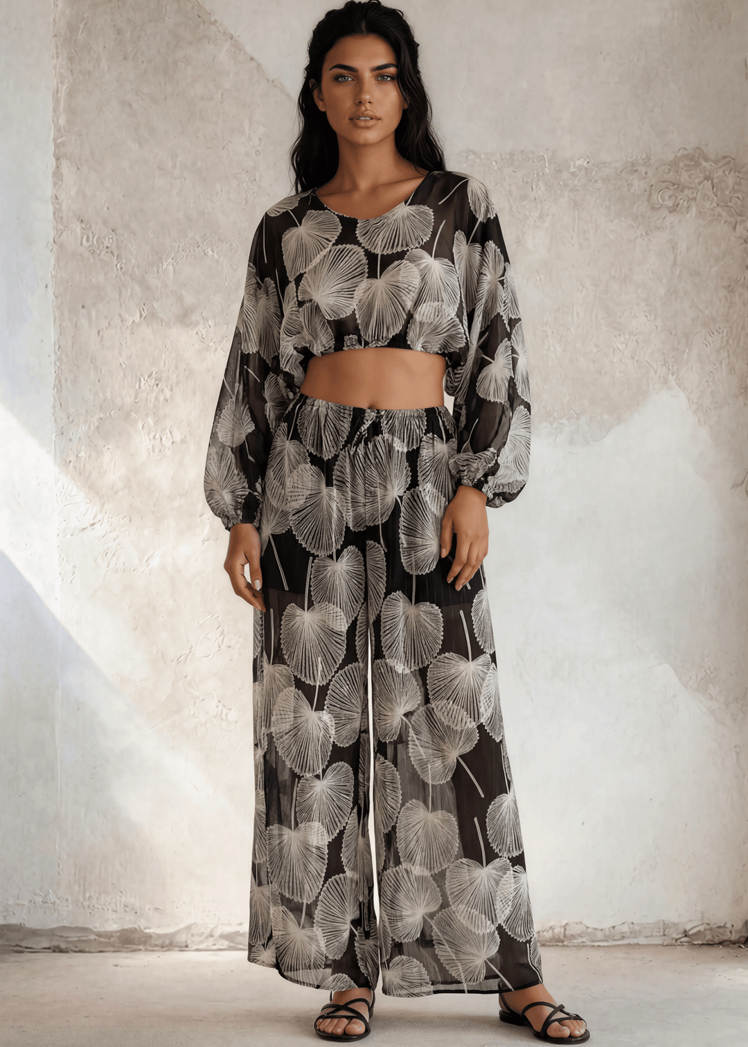Bucket List Cabaña Leaf Print Sheer Cropped Top & Palazzo Pants in Black & Ivory | Resort Wear Made in USA | Classy Cozy Cool Women's Clothing Boutique