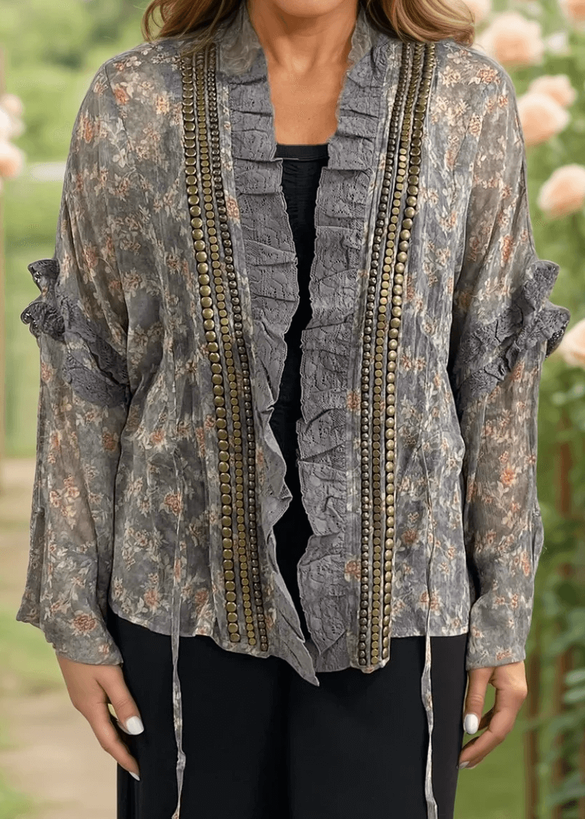 Jaded Gypsy Ladies Chiffon Floral Studded Detail Garden Romance Cardigan | Made In USA | Classy Cozy USA Made in America Boutique