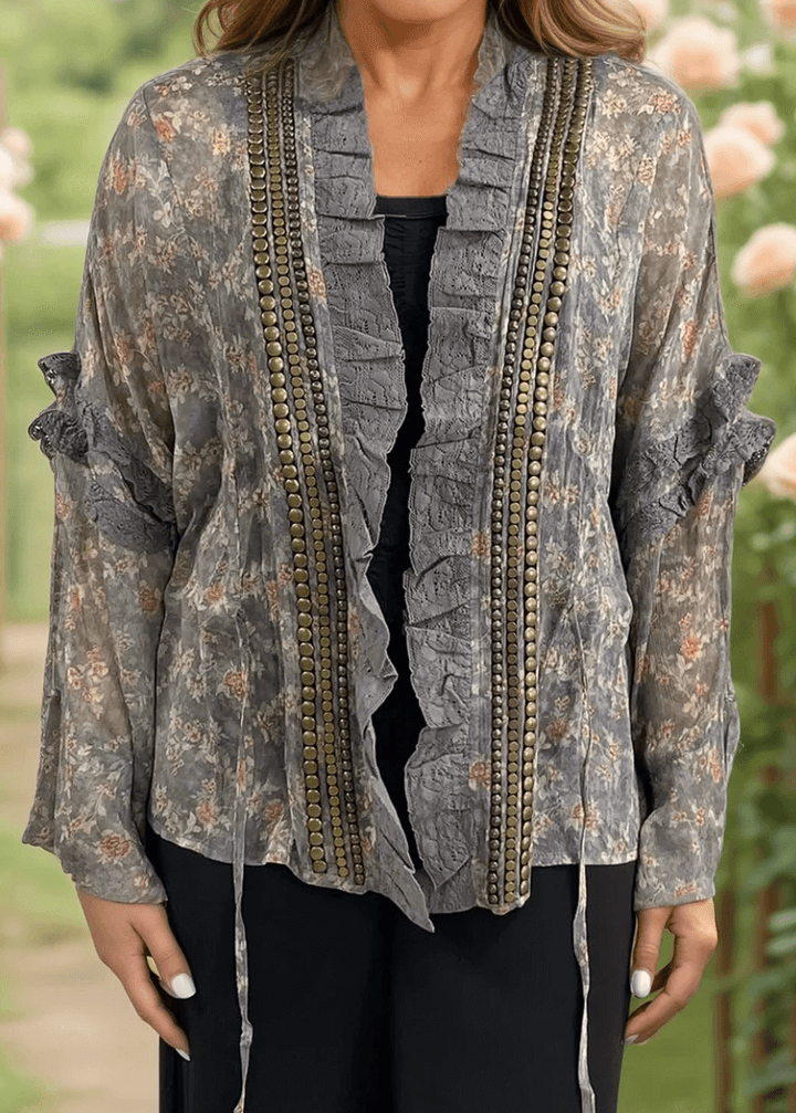 Jaded Gypsy Ladies Chiffon Floral Studded Detail Garden Romance Cardigan | Made In USA | Classy Cozy USA Made in America Boutique