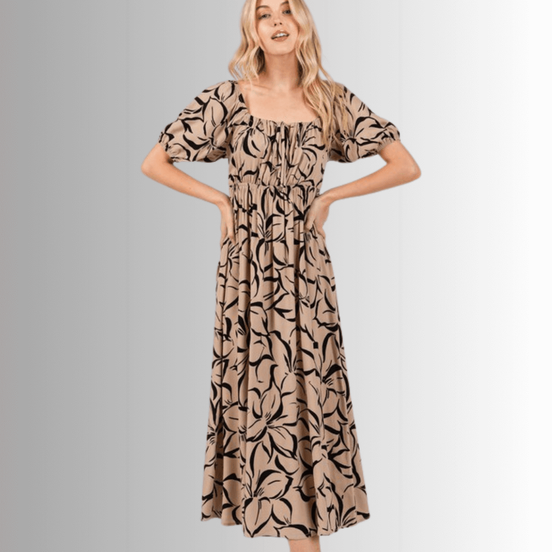 Made in USA Women's Floral Smocked Midi Dress, Short Sleeves, Square Neck, Tie Front,  100% Rayon Dobby, in Tan and Black, Machine Wash, Style ND40781B | Classy Cozy Cool Made in America Boutique