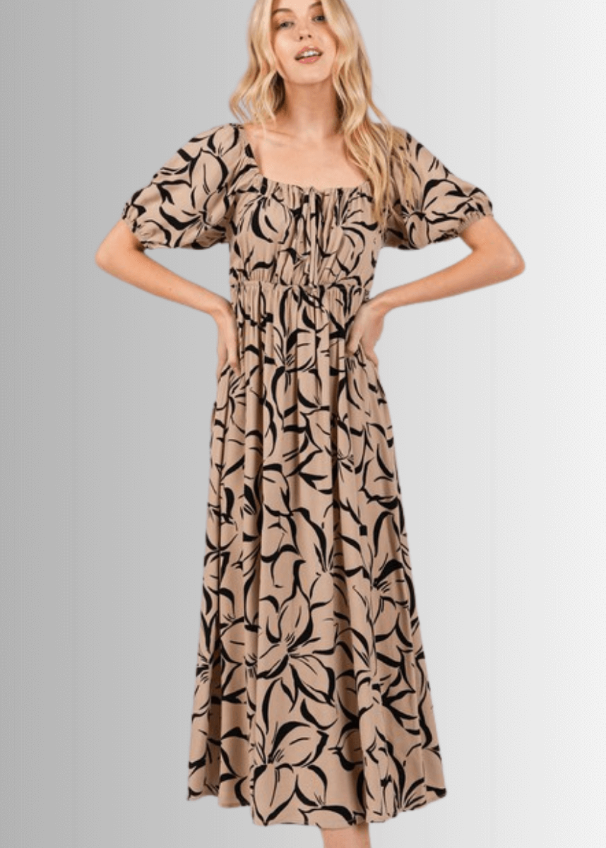 Women's Black and Tan Floral Smocked Midi Dress Made in USA Classy Cozy Cool | Made in USA | Women's Clothing Boutique Women's Black and Tan Floral Smocked Midi Dress Made in USA Classy Cozy Cool | Made in USA | Women's Clothing Boutique