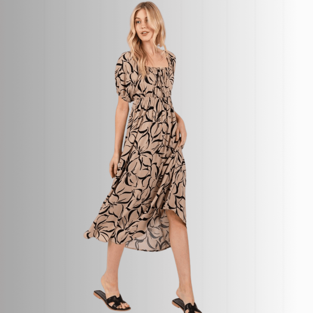 Made in USA Women's Floral Smocked Midi Dress, Short Sleeves, Square Neck, Tie Front,  100% Rayon Dobby, in Tan and Black, Machine Wash, Style ND40781B | Classy Cozy Cool Made in America Boutique