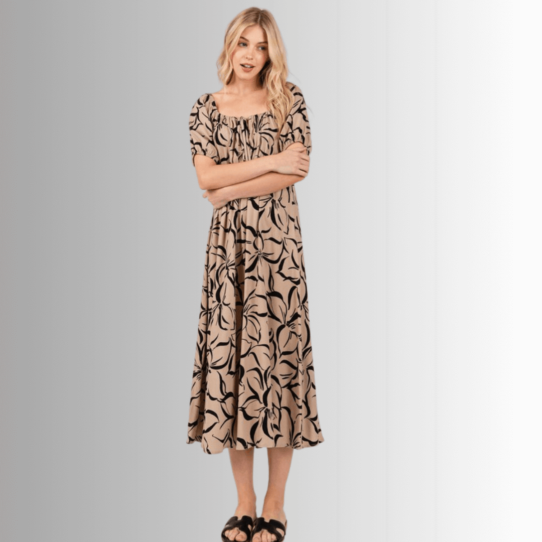 Made in USA Women's Floral Smocked Midi Dress, Short Sleeves, Square Neck, Tie Front,  100% Rayon Dobby, in Tan and Black, Machine Wash, Style ND40781B | Classy Cozy Cool Made in America Boutique