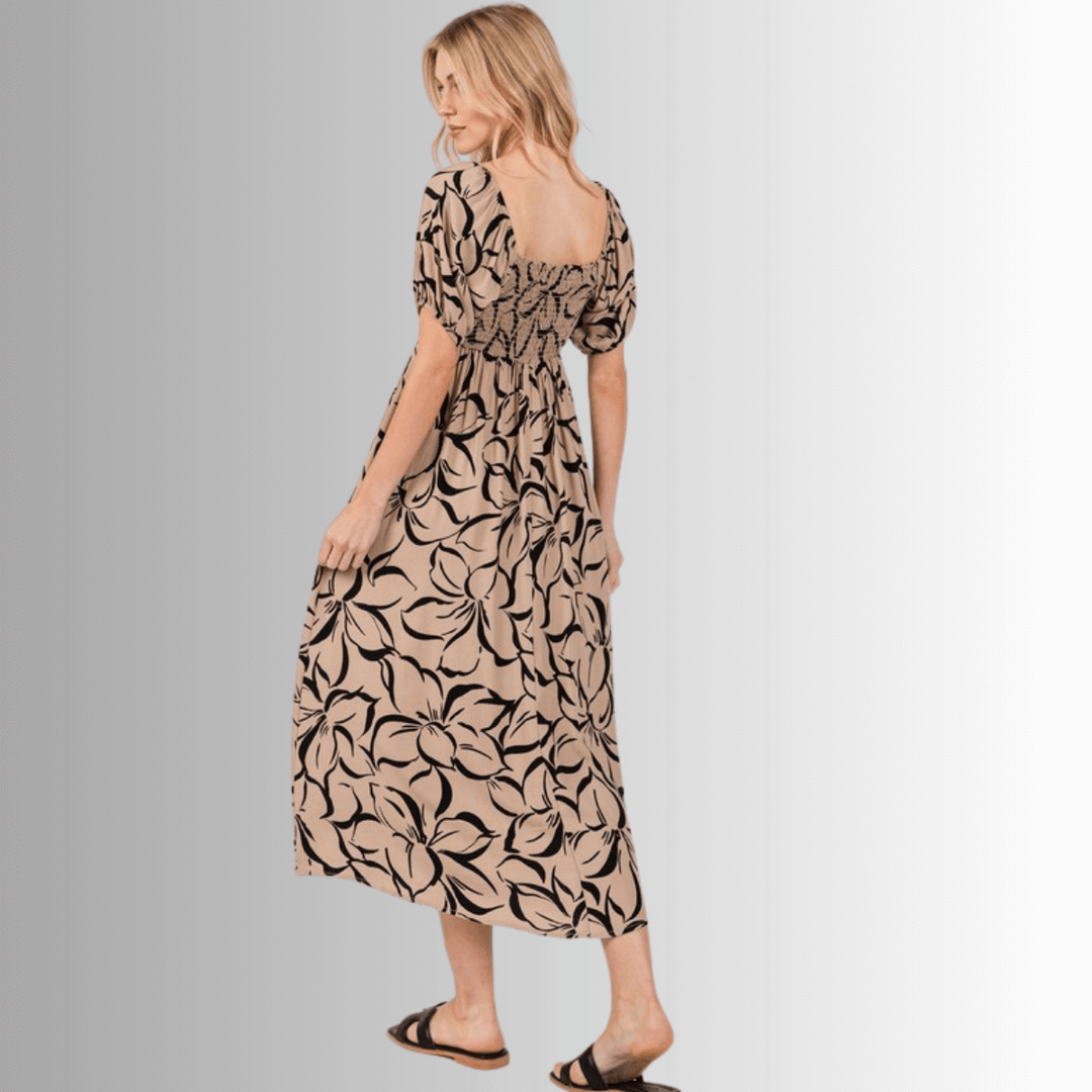 Made in USA Women's Floral Smocked Midi Dress, Short Sleeves, Square Neck, Tie Front,  100% Rayon Dobby, in Tan and Black, Machine Wash, Style ND40781B | Classy Cozy Cool Made in America Boutique