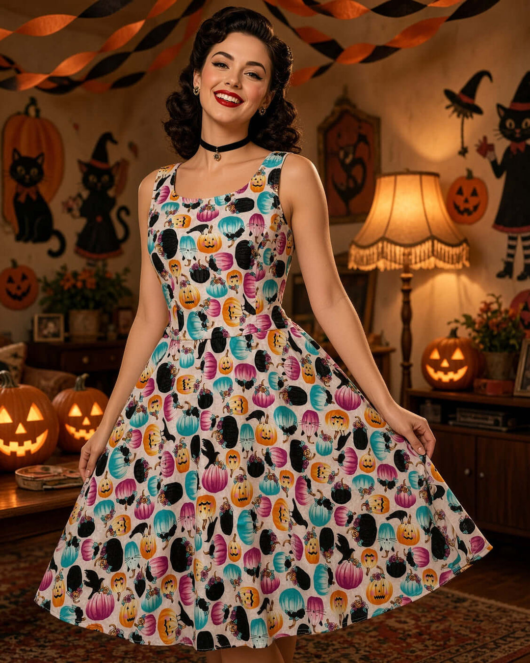 Made in USA. Shop the Pumpkin & Crow Skater Dress by Retrolicious, with stretch cotton fabric, a scoop neck, A-line skirt and hidden pockets. XS–4X.