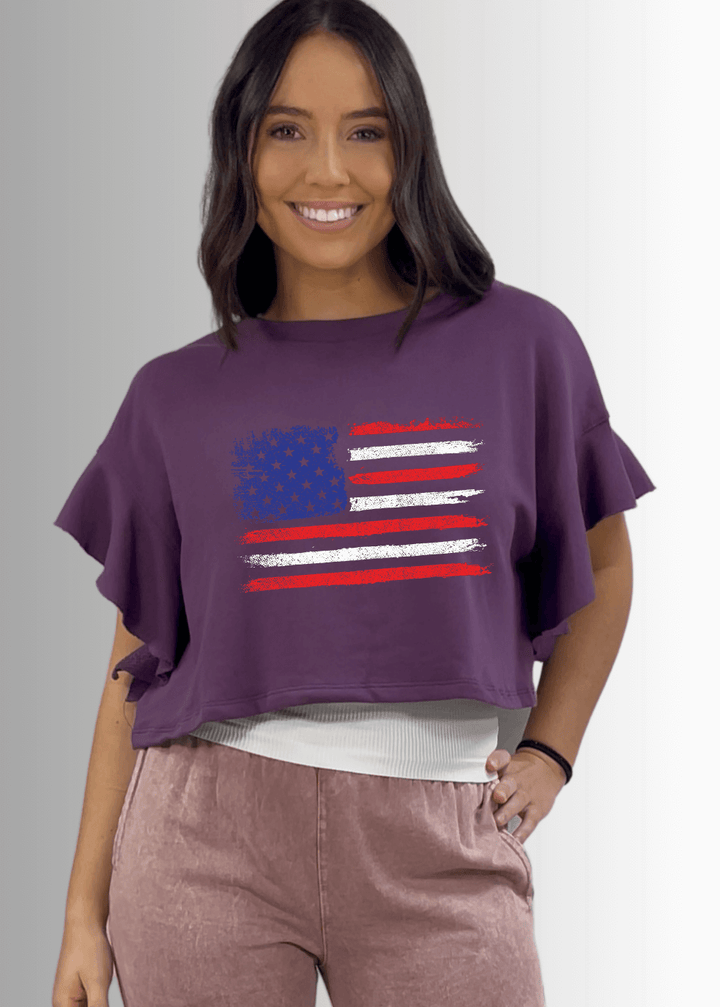 Made in USA Women's Patriotic Purple Cropped Top with USA Distressed Flag Graphic, Short Flutter Dolman Sleeves, Crew Neck | Bucket List Style T1423