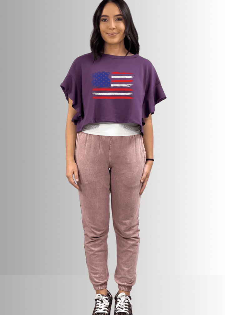 Made in USA Women's Patriotic Purple Cropped Top with USA Distressed Flag Graphic, Short Flutter Dolman Sleeves, Crew Neck | Bucket List Style T1423
