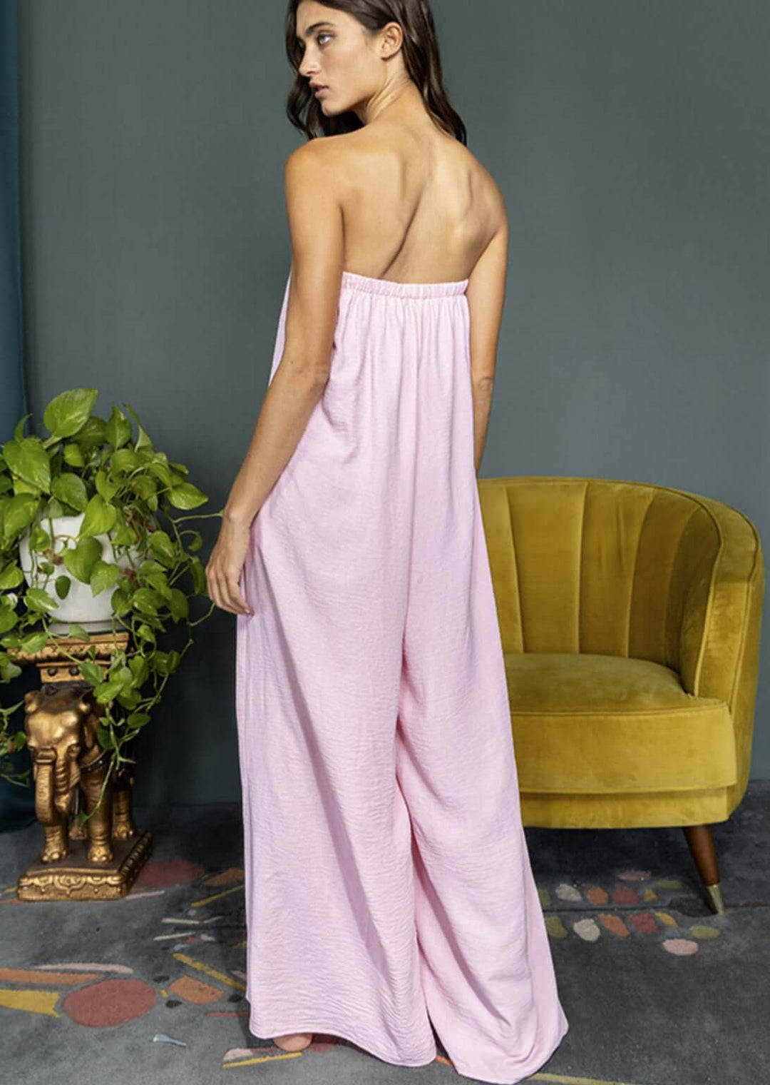 Bucket List Clothing Style R5307 | Ladies Strapless Flowy Pink Jumpsuit with Inverted Front Pleating and Side Pockets | Made in USA