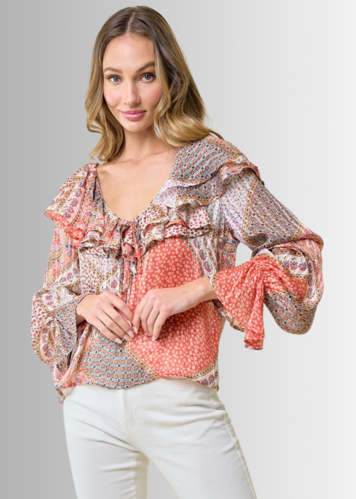 Made in USA Women's Ruffled Patchwork Top with Metallic Thread, Scoop V-Neck, Colors: Floral with coral colors Relaxed Fit