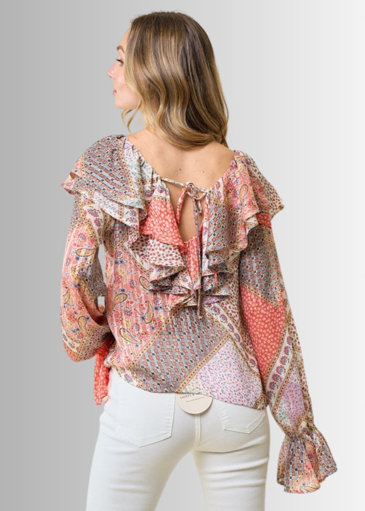 Made in USA Women's Ruffled Patchwork Top with Metallic Thread, Scoop V-Neck, Colors: Floral with coral colors Relaxed Fit